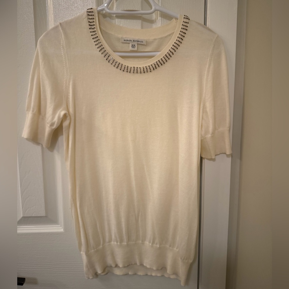 Banana Republic Ivory Short-Sleeve Sweater with Beaded Neckline